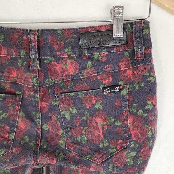 Seven7 Skinny Jeans Women 4 Red Floral Rose on Black Patterned Stretch Jeans - Picture 6 of 10